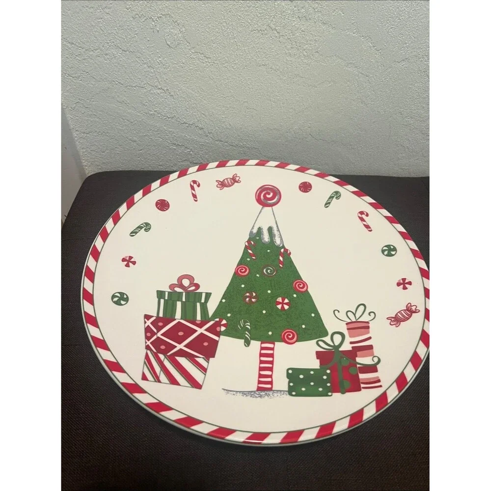 #2207*”13x13”Vintage Holiday Candy Tree Decorative Serving Platter - Red & Green
